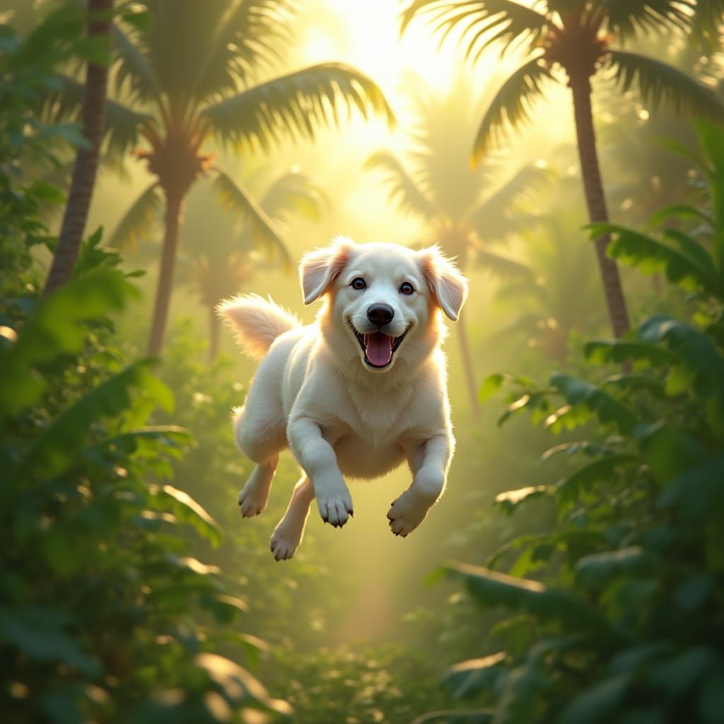 White Dog Soars Through Coconut Tree in Photorealistic Style
