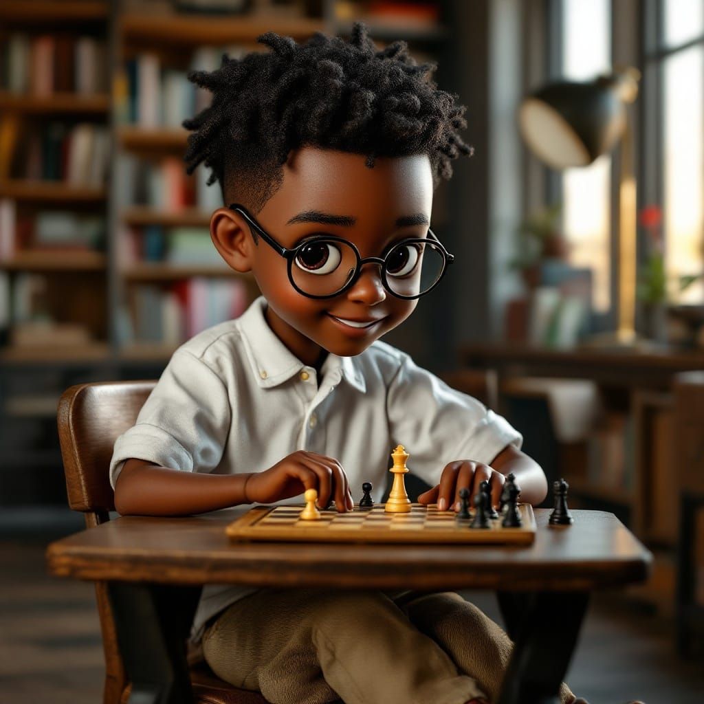 Stunning African Boy Doll Contemplates Chess Move in Cozy Li...