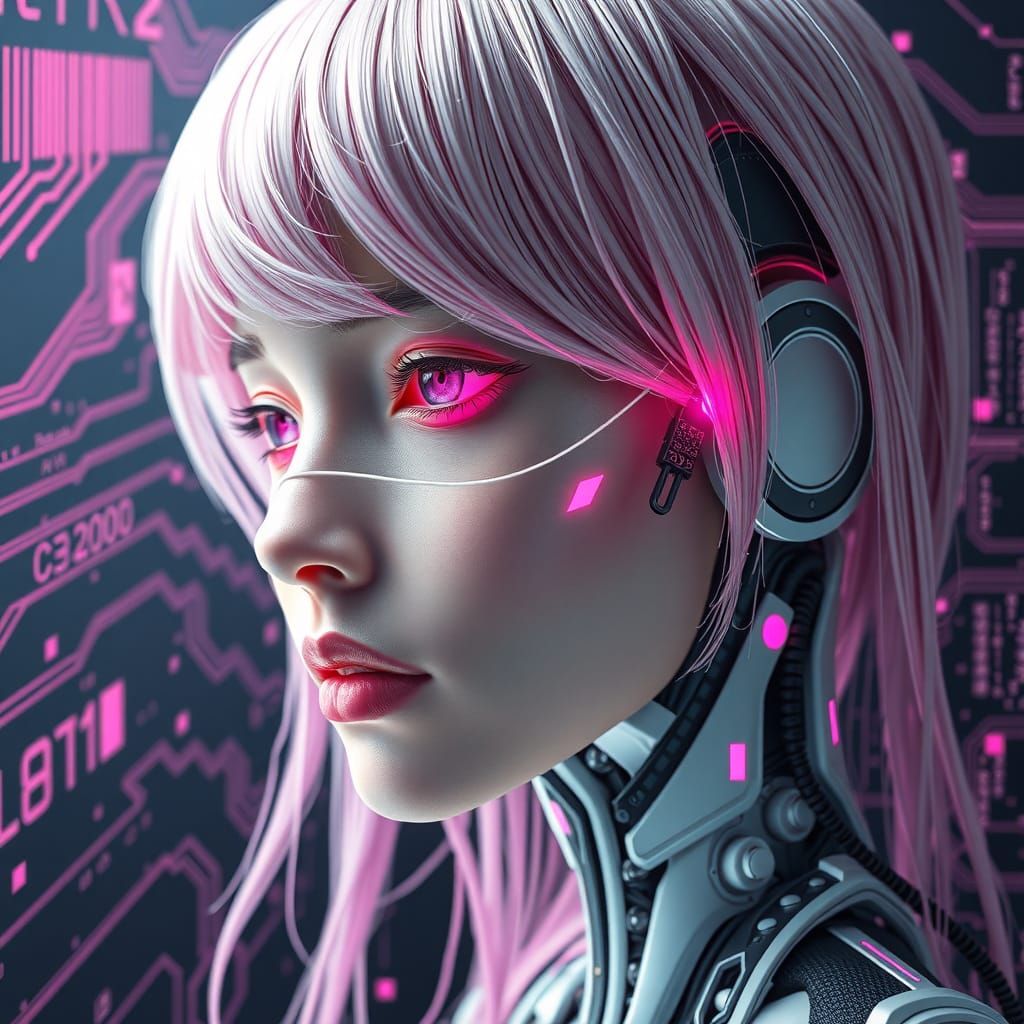 Cybernetic Woman with Pink Hair in Cyberpunk Style