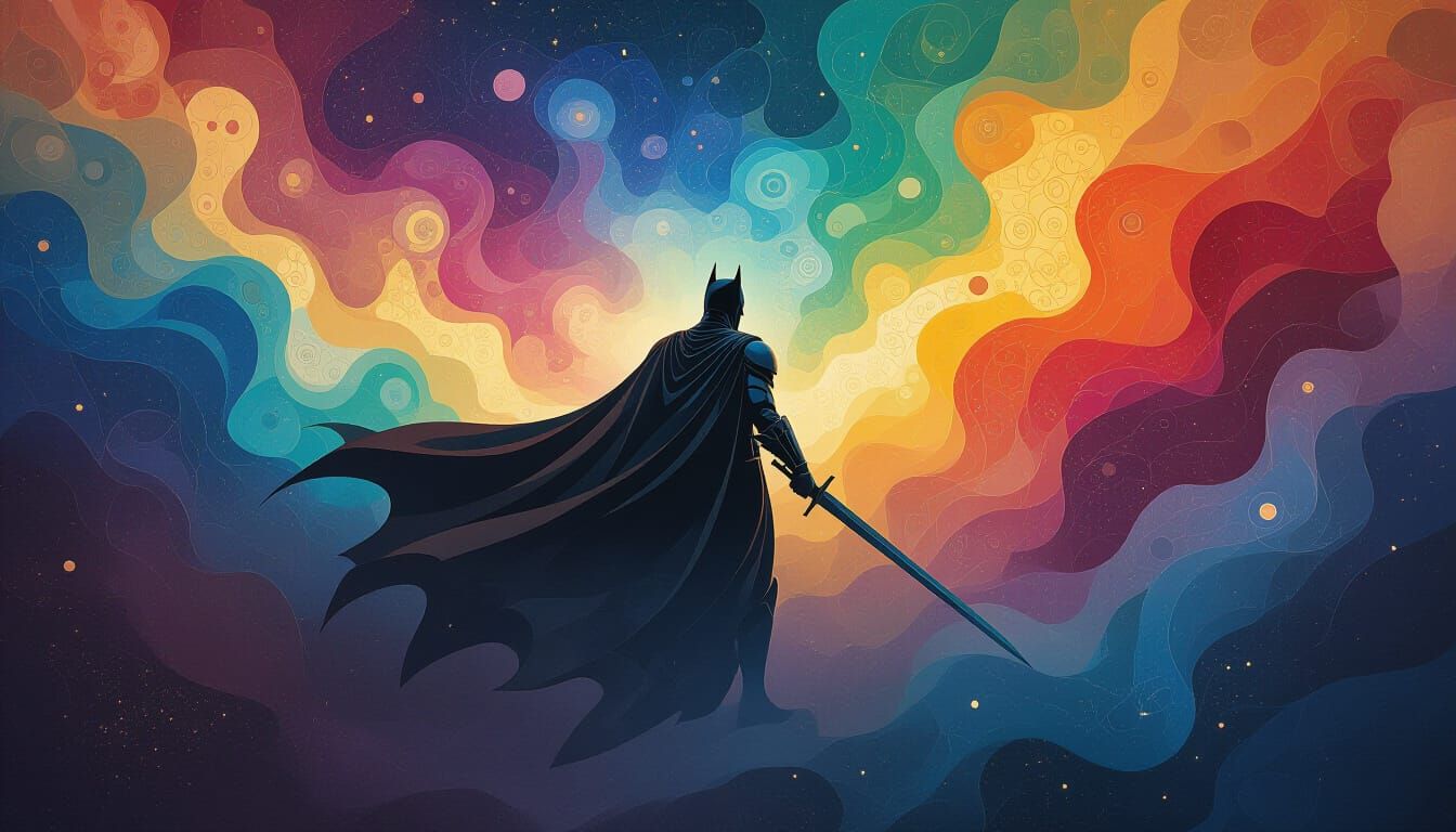 Dark Knight Emerges from Rainbow Nebula, Ornate Art