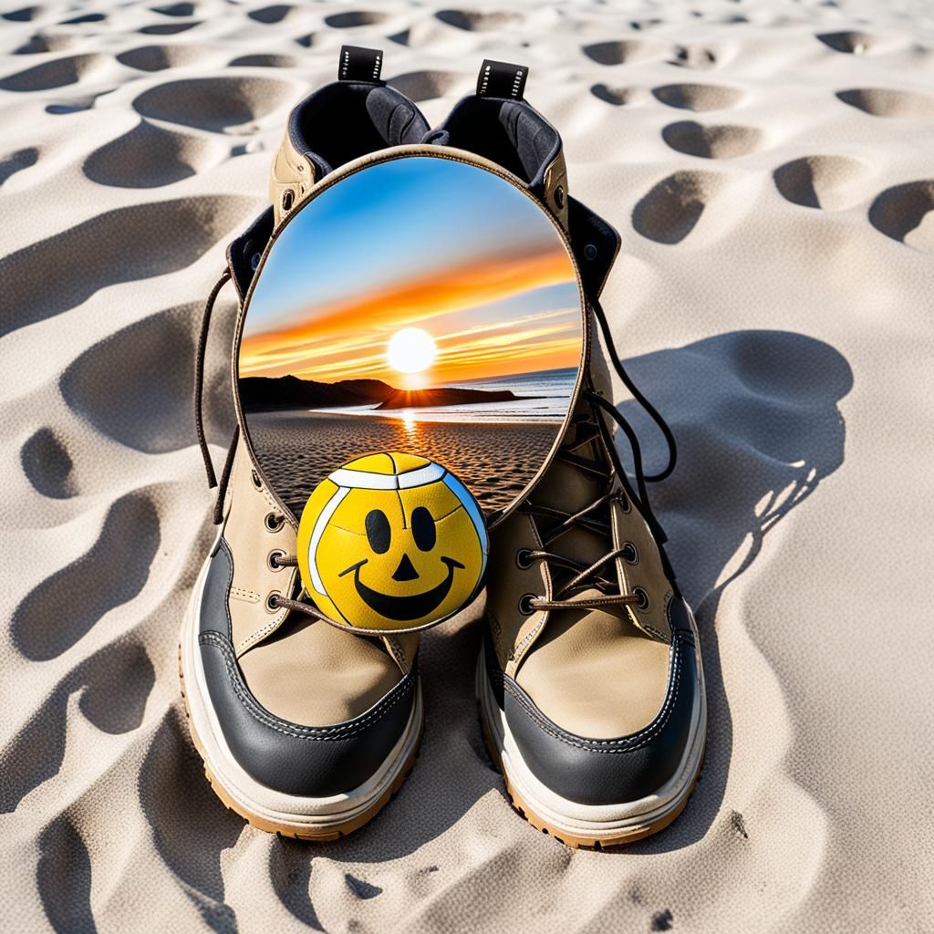 Hiking Boots, Wilson, and Mirror on a Beach