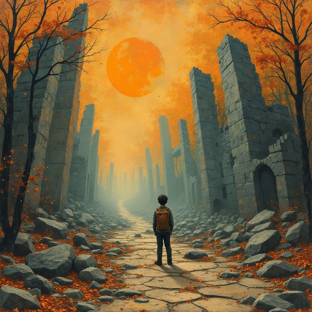 Boy in Autumn Ruins: Surreal Iridescent Landscape