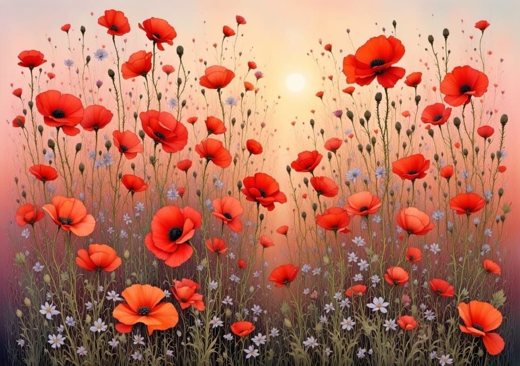 Poppies in Pink Evening Light: Intricate Illustration