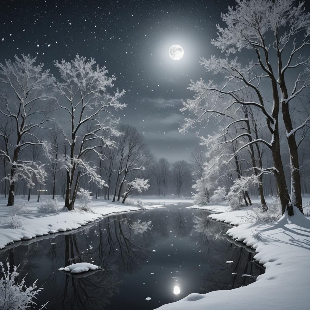 Winter Pond Under Moonlight: Hyper-Realistic Digital Art