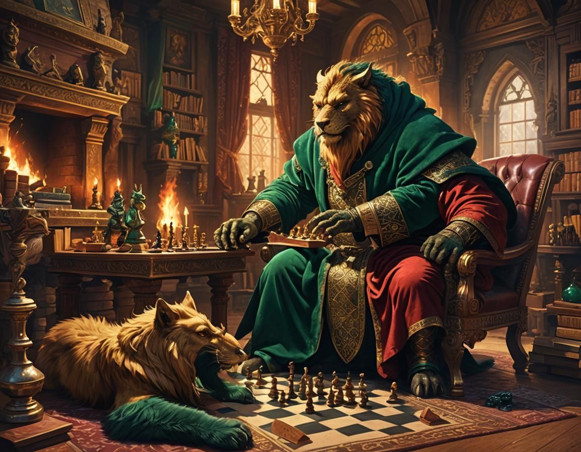 Chess Game with Beast and Warrior, Fantasy Matte Painting