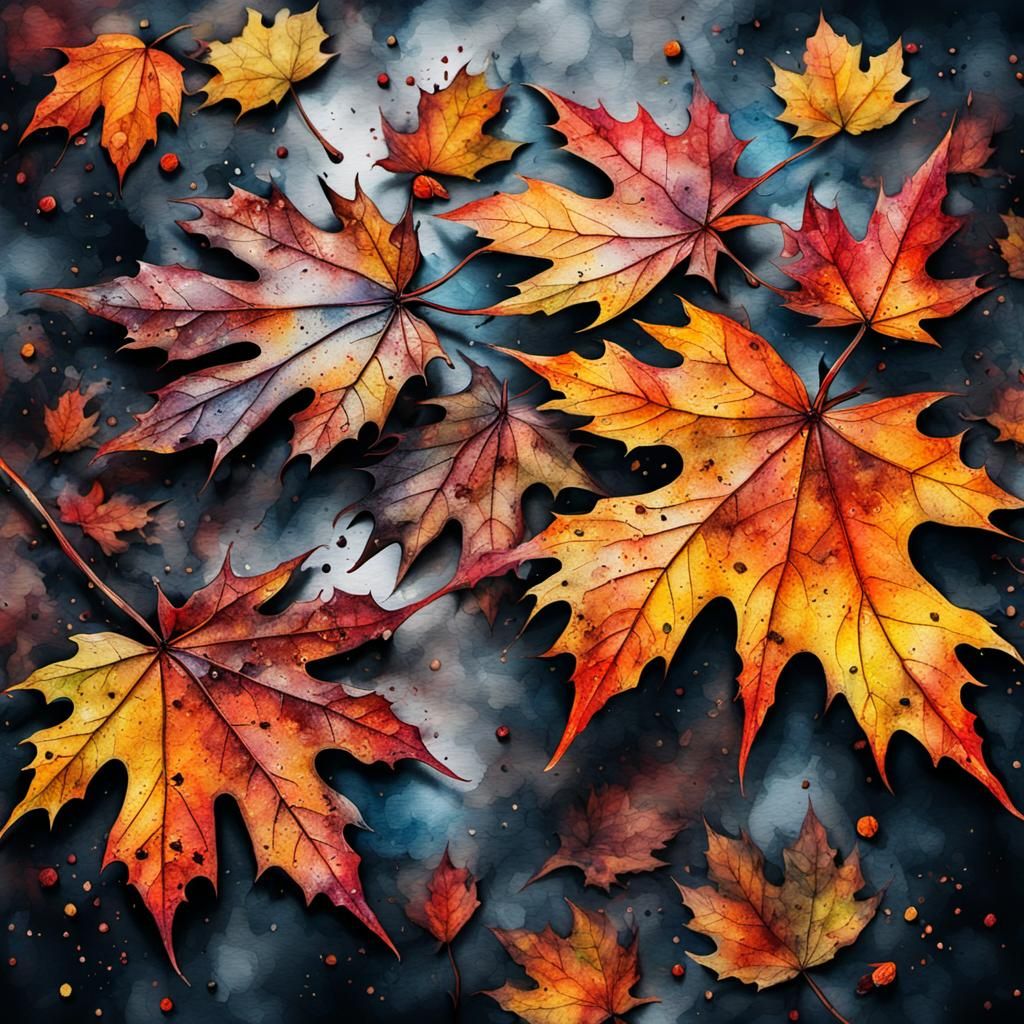 Hyperrealistic Watercolour Fall Leaves with Ink Splatters