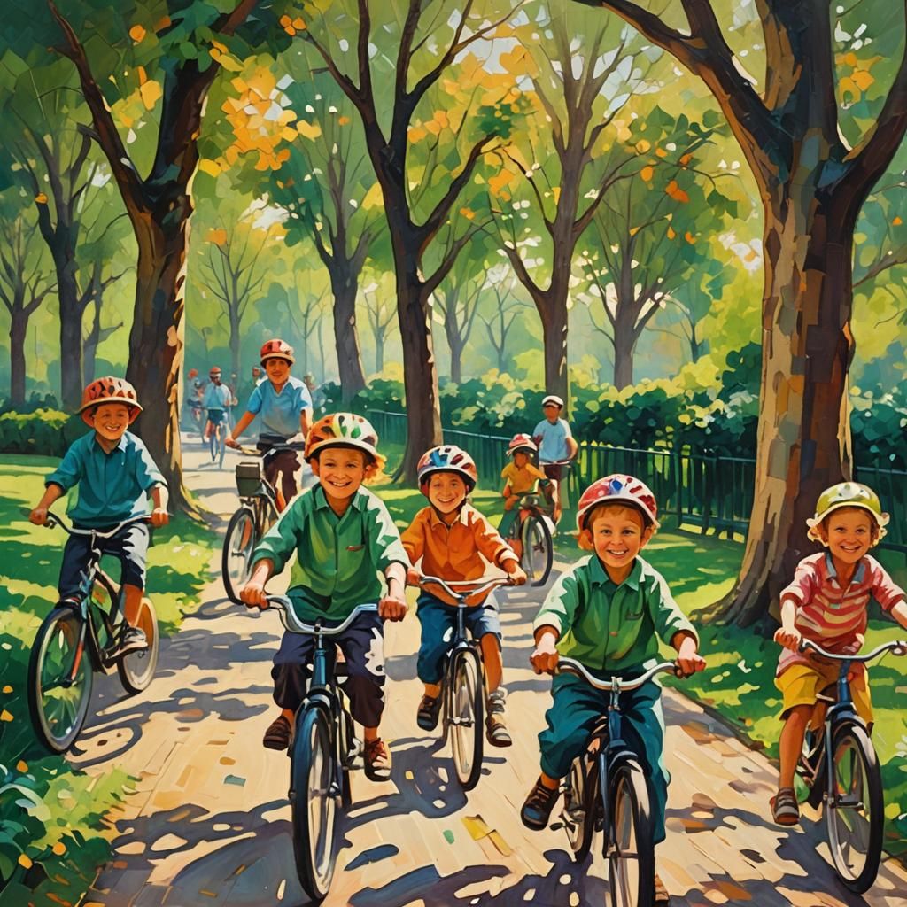 Happy Children Biking: Expressionist Sepia Tone