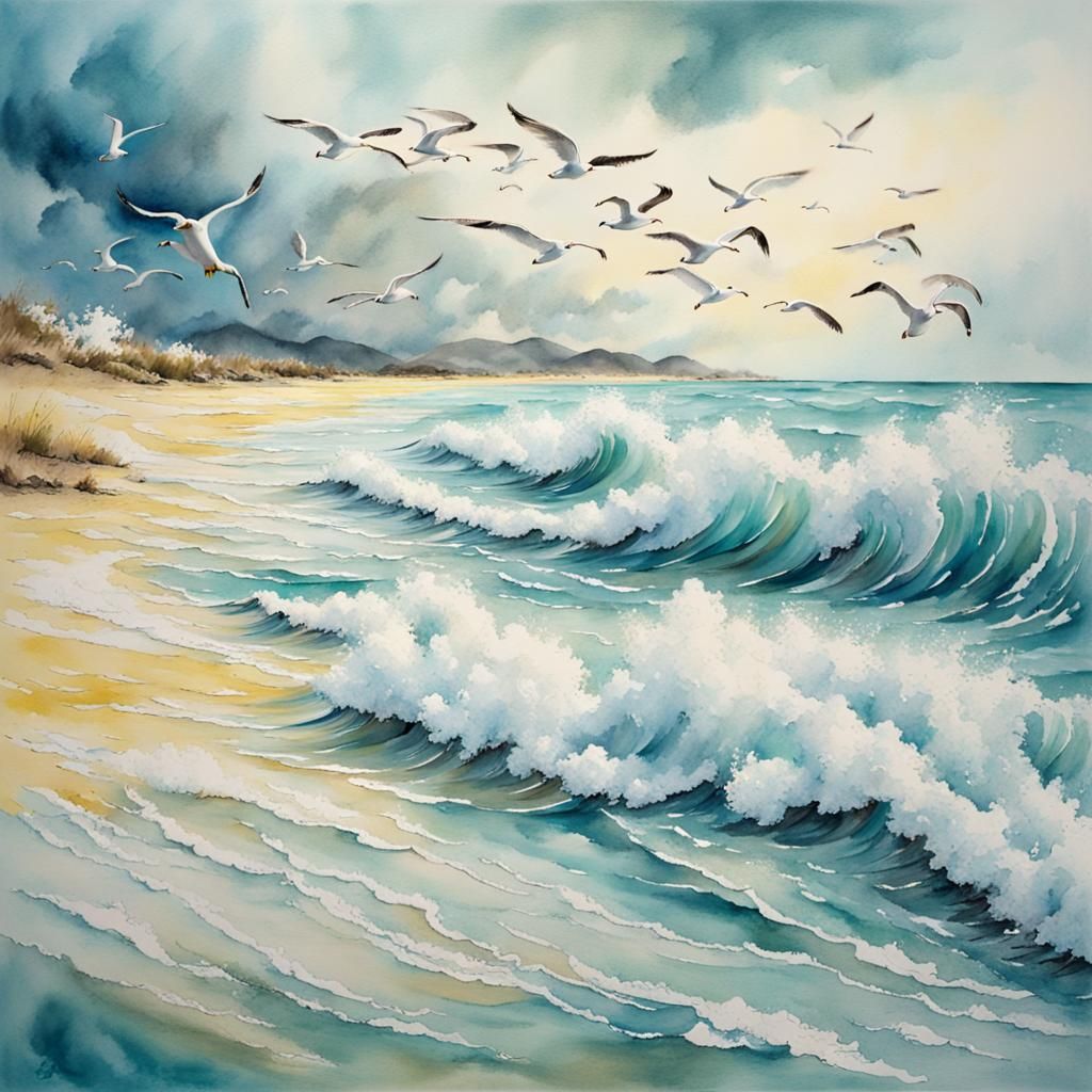 Watercolor Waves Crashing on Beach with Seagulls
