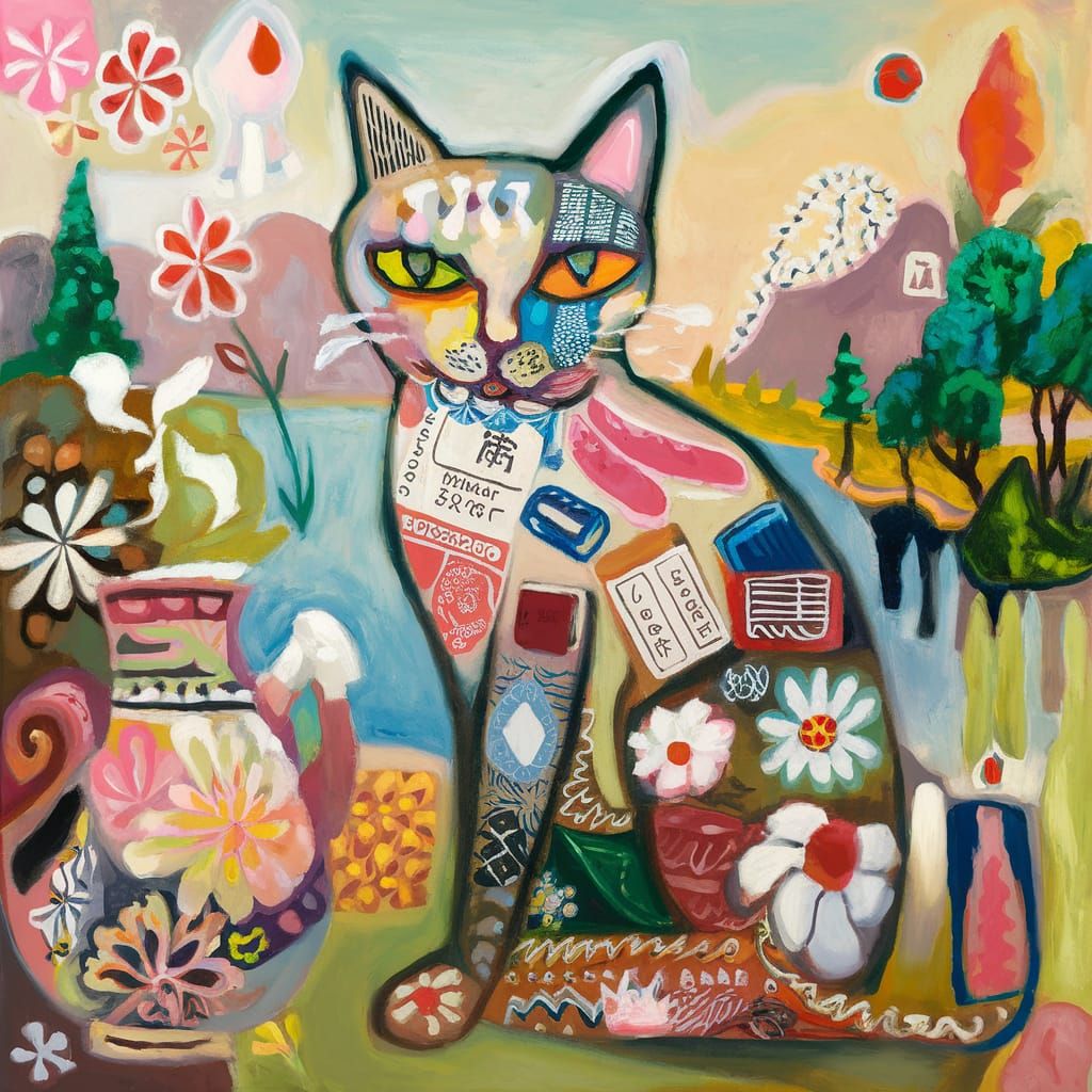 Abstract Cat Acrylic Painting with Flowers and Pottery