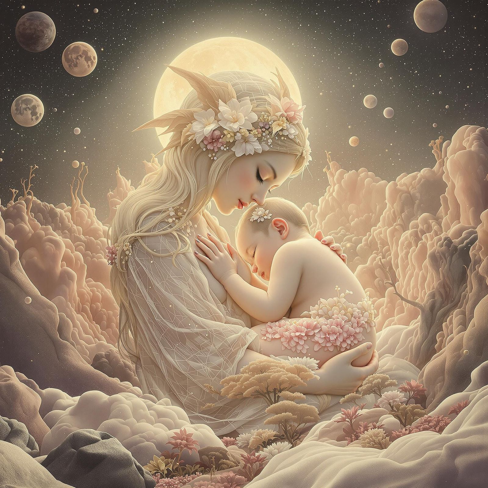 Ethereal Lunar Goddess in Dreamy Landscape