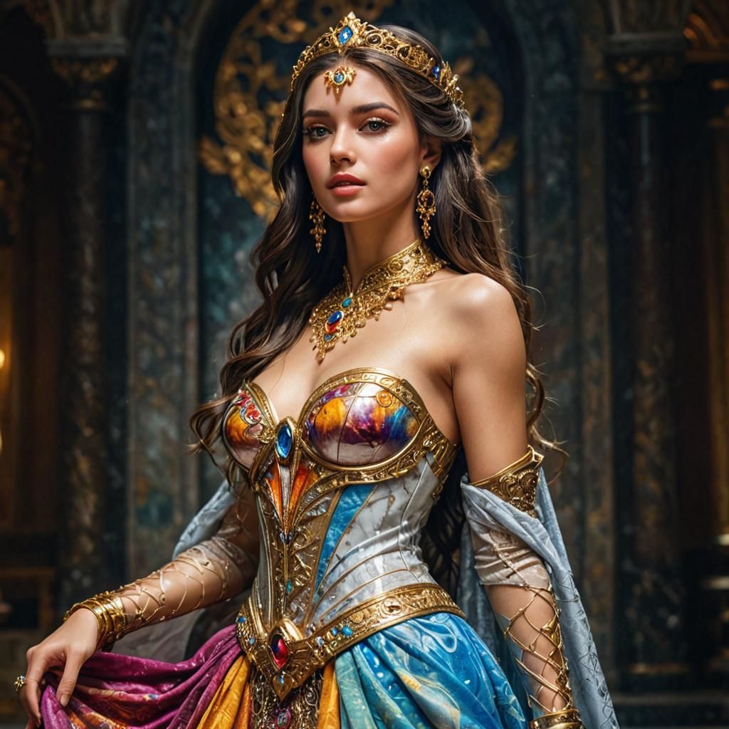 Futuristic Princess in Golden Palace: Hyperrealistic Digital...