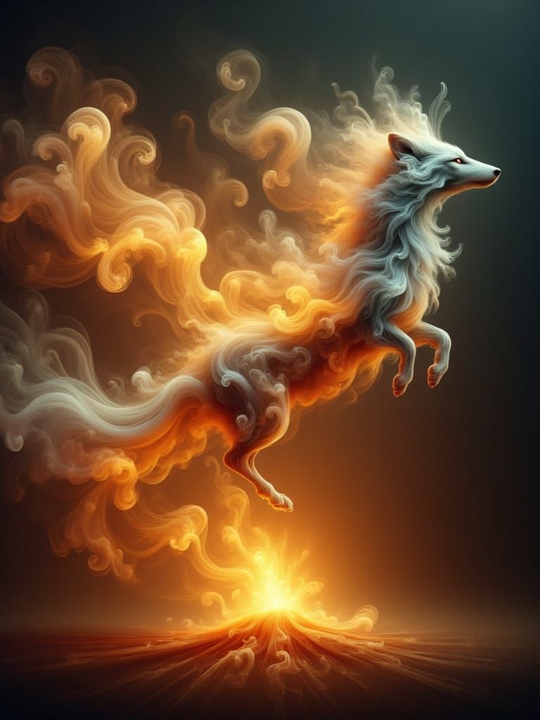 Magical Smoke Fox Leaping Over Campfire