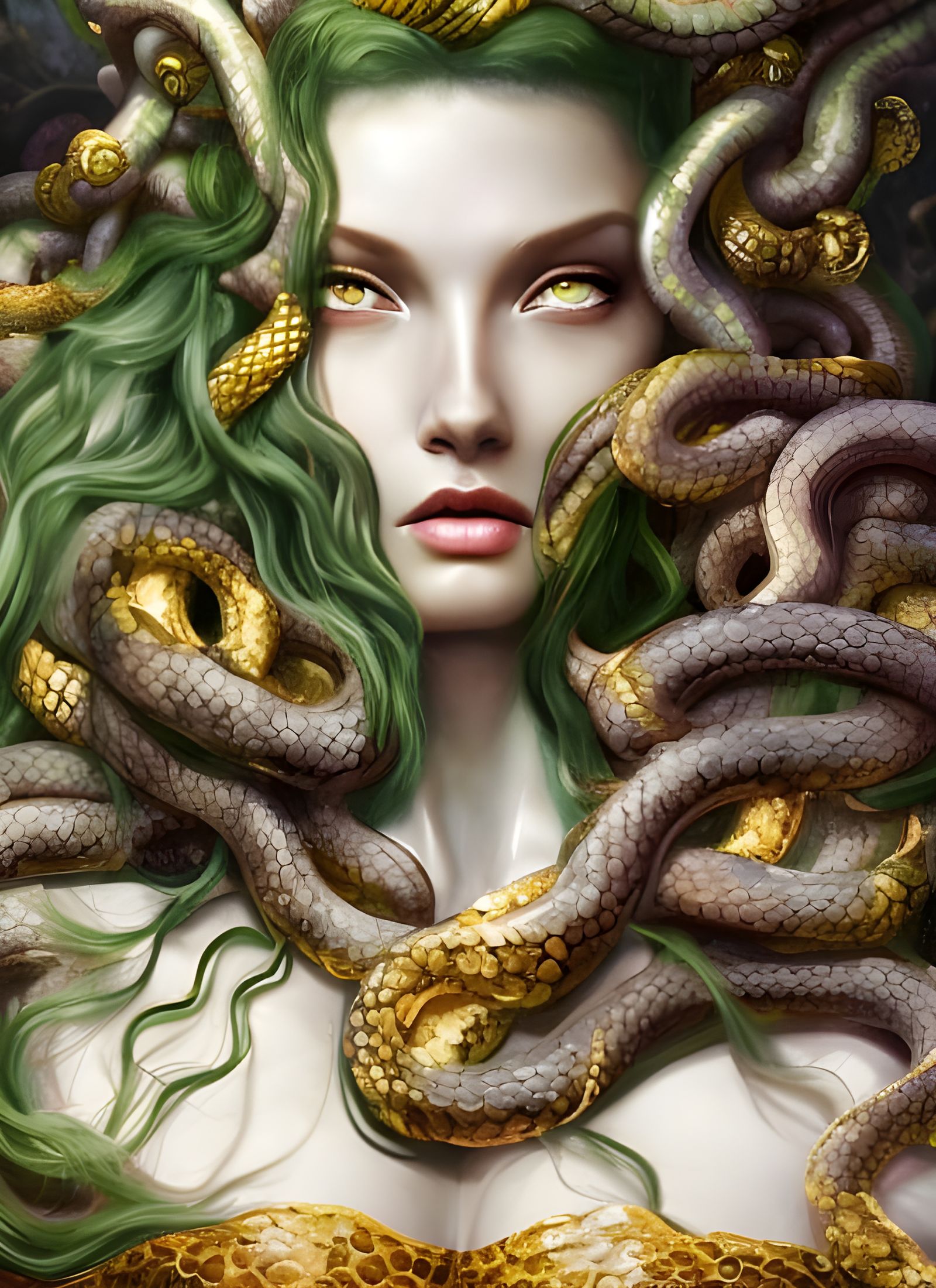 Gorgon Medusa Portrait with Golden Jewelry