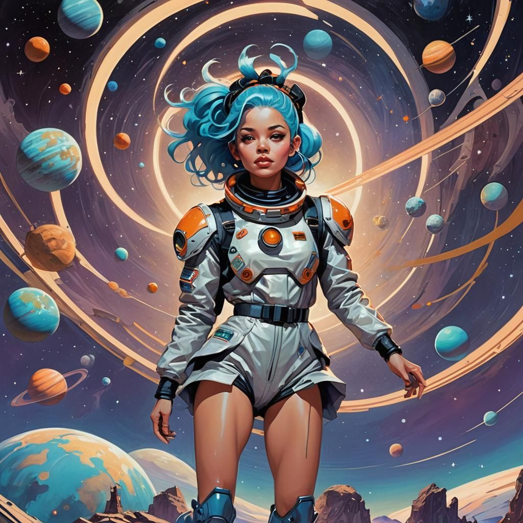 Girl on Saturn in Retrofuturist Neon Style