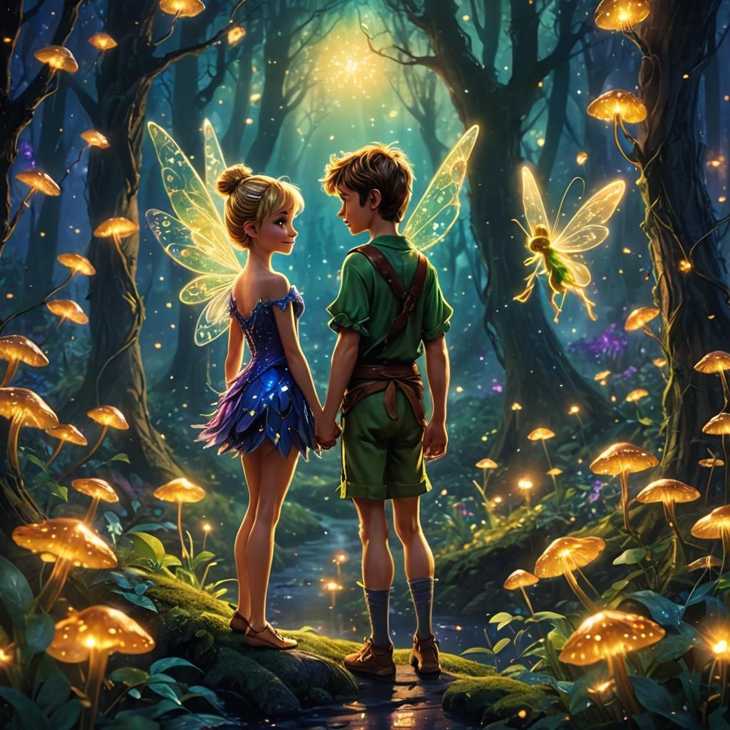 Tinkerbell and Peter Pan in Enchanted Forest