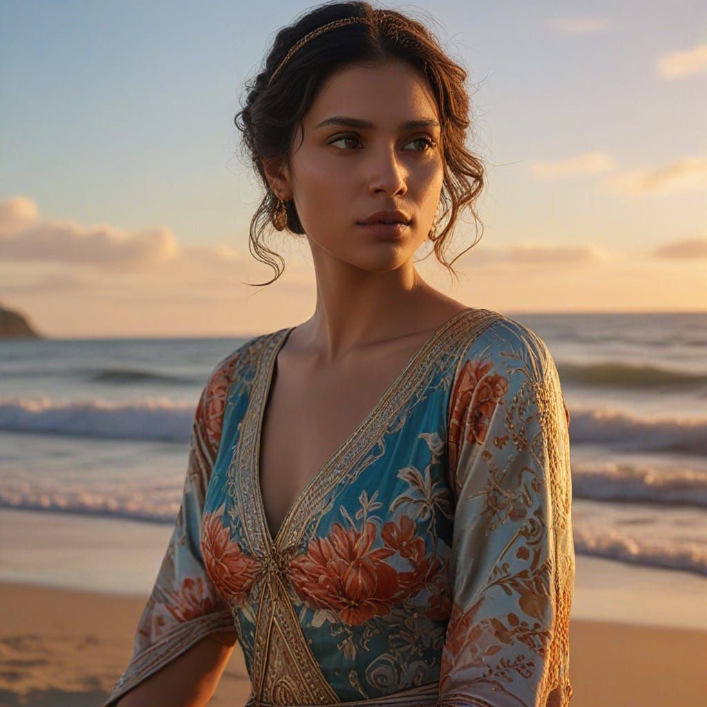 Indian Woman Creates Art on Beach at Sunset