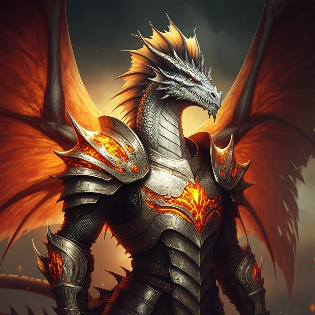 Silver Dragonborn Warrior in Amber Armor, Digital Art