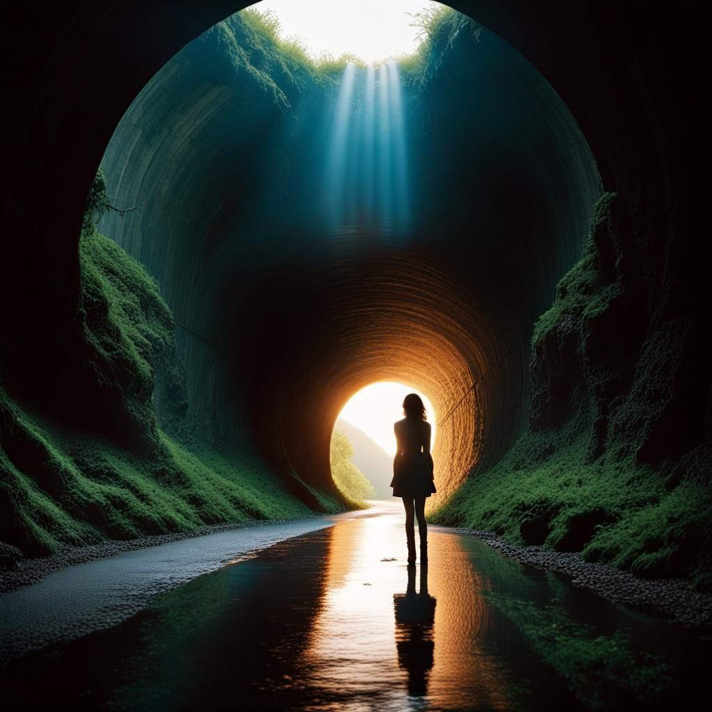 Woman in Tunnel with Light, Photorealistic Digital Art