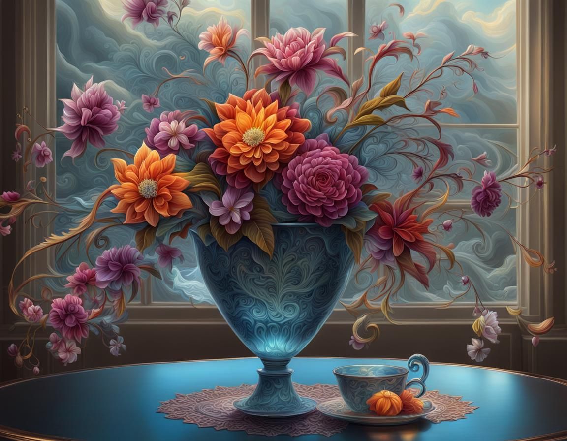 MH - Fantasy Flowers, Still Life, in a Vase on a Beautiful Table