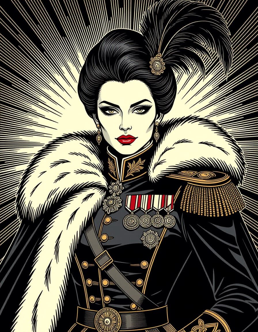 Vampire Woman in Military Attire, Comic Book Art