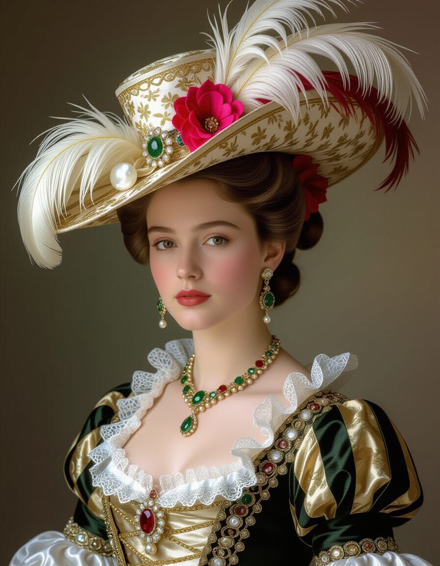1750s Woman in Fancy Hat, Photorealistic Style