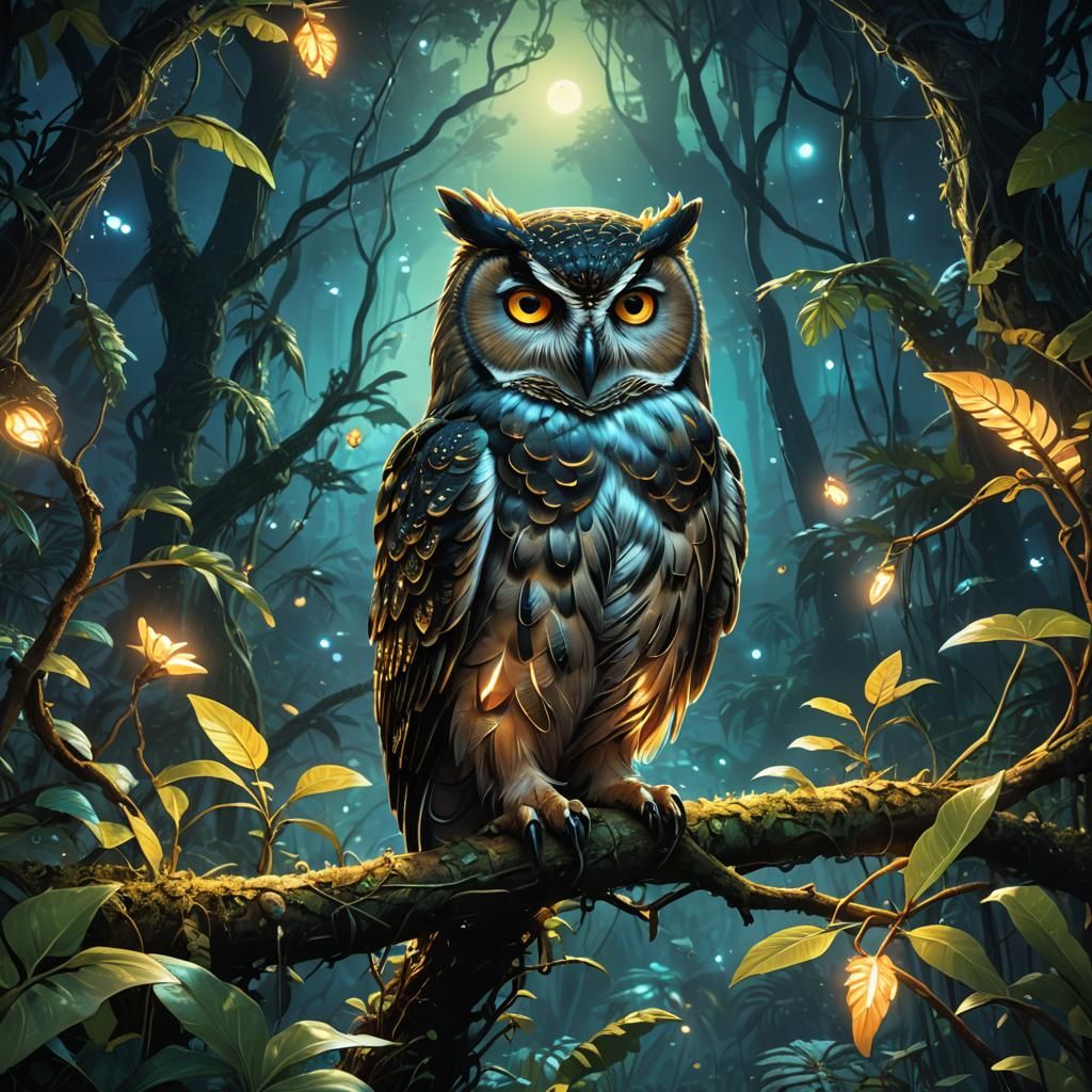 Bioluminescent Jungle Owl: Enchanting Fantasy Art