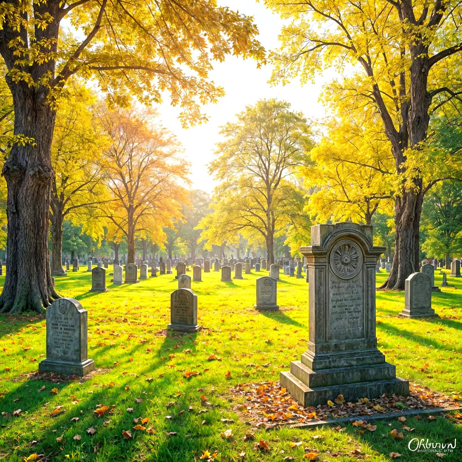Autumn Graveyard Scene with Colorful Trees