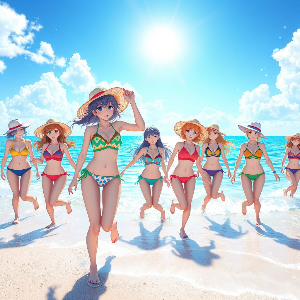 Girls on Beach in 3D Anime Art Style