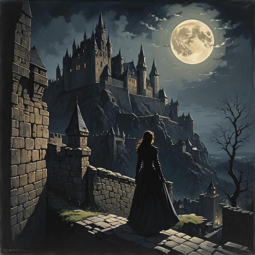 Sinister Shadow: Woman on Castle Wall in Moonlight