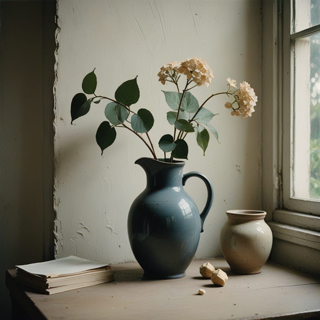 Morandi-Inspired Still Life of Vinyl Albums and Pitcher in a...