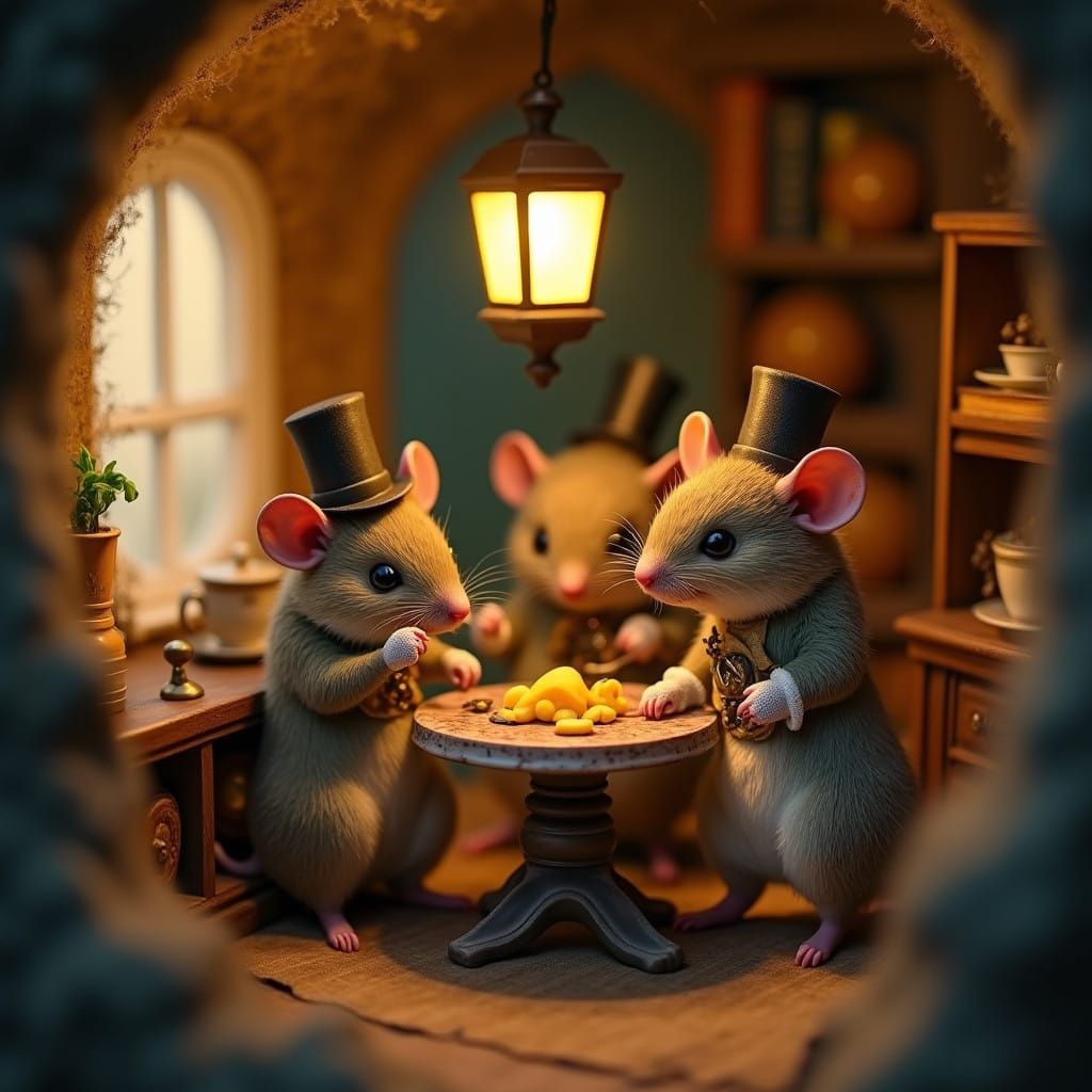 Whimsical Mice Family Celebrates Moonlit Cheese Feast in Min...
