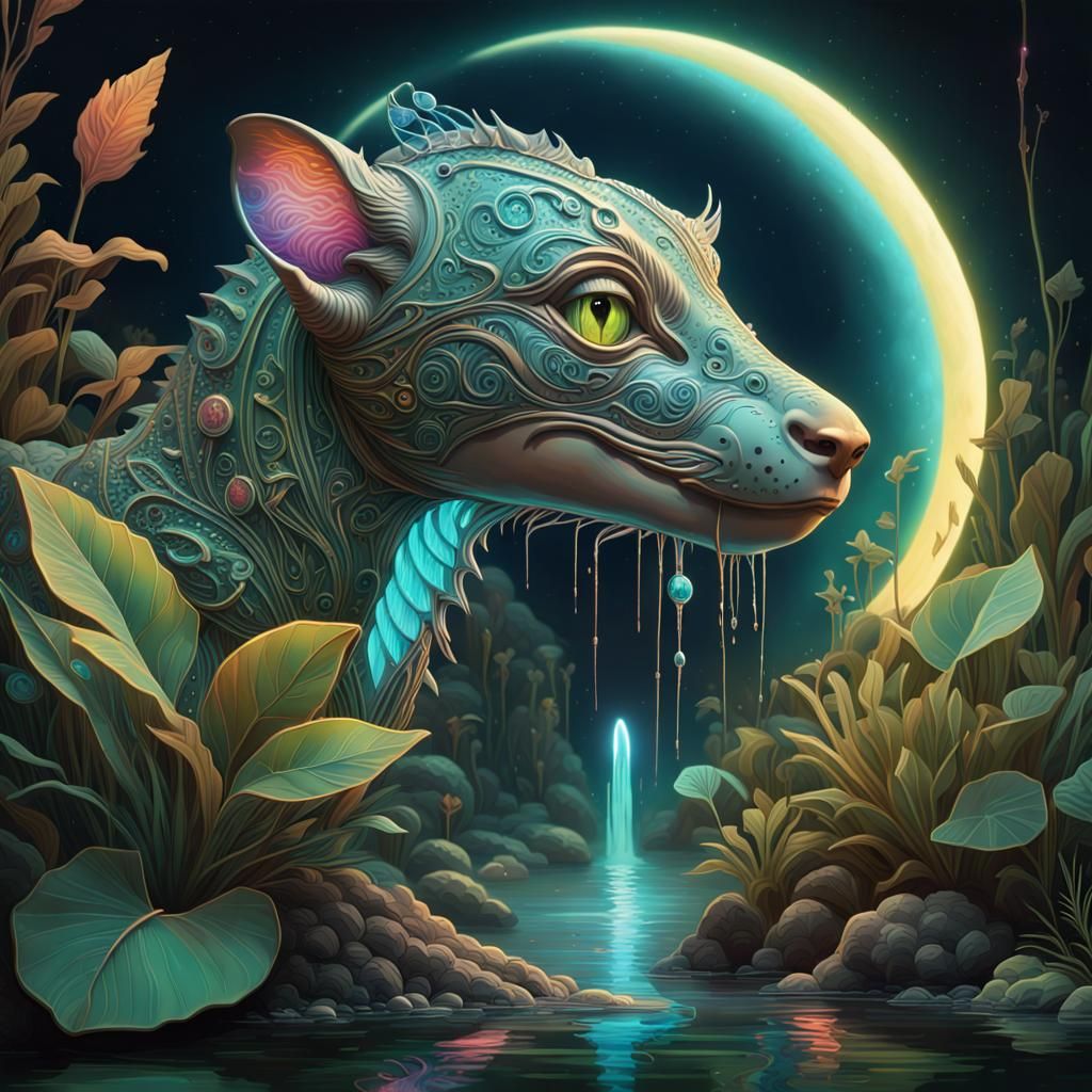 Art Deco Chameleon in a Magical River