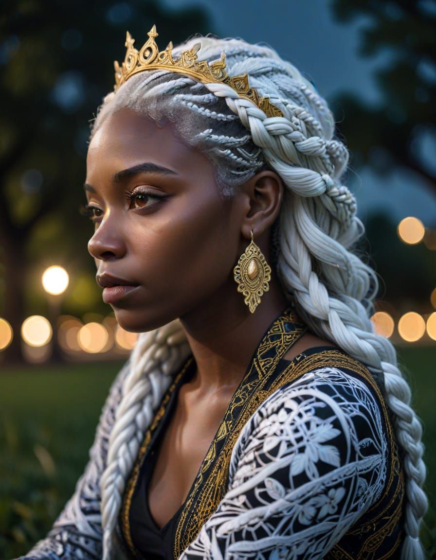 Contemplative Woman with White Braids