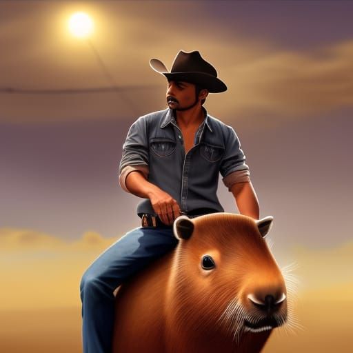 Latino Cowboy Rides Capybara in Photorealistic Detail
