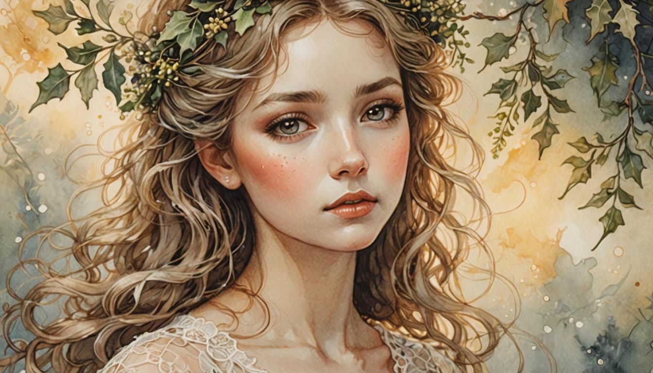 Ethereal Woman in Lace: Watercolor Fantasy Portrait