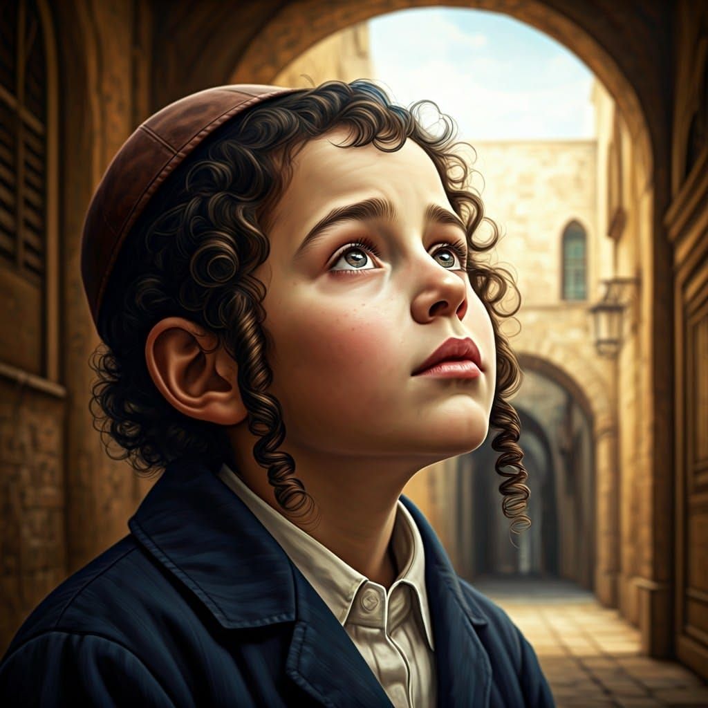 An antique portrait of a 7-year-old Haredi Jewish boy with curly sideburns and a brown kippah in 1850, with an ancient a...
