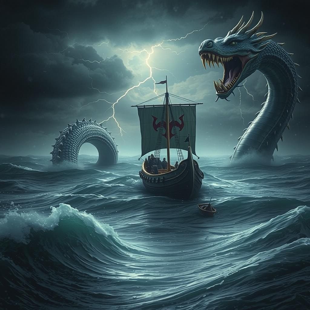 Viking Ship vs Sea Serpent in Stormy Seas