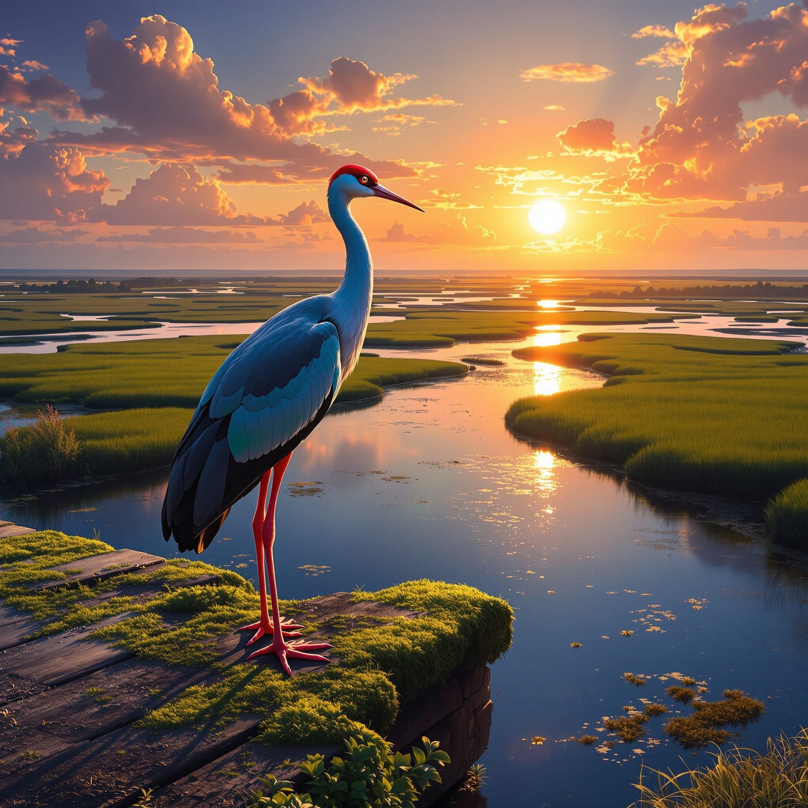 Hyperrealist River Delta Sunset With Brolga