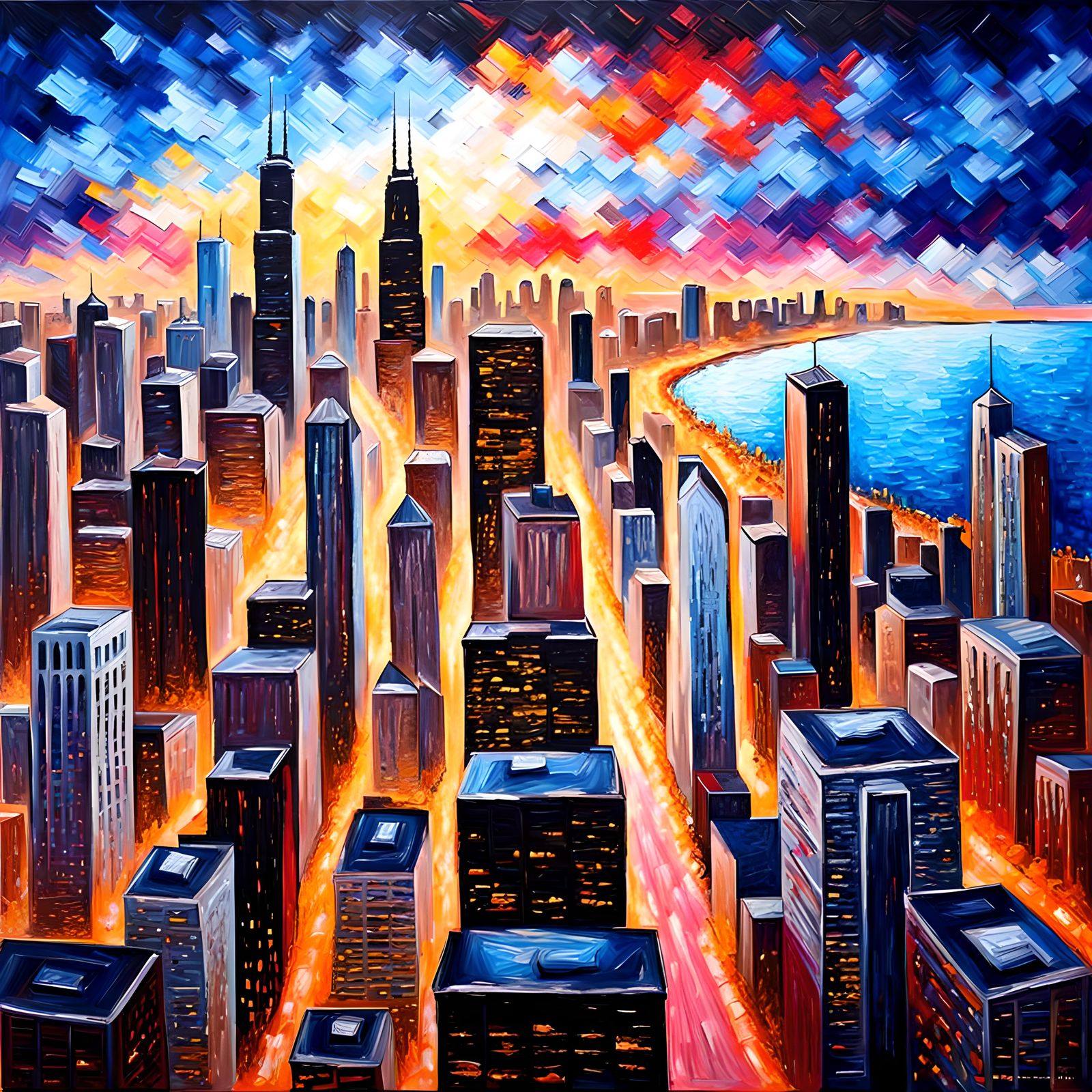 Impasto painting of a beautiful epic magnificent Chicago cit...