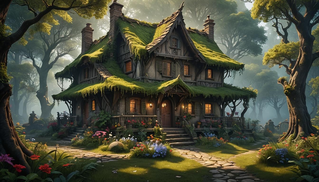 Magical Gypsy Cottage in Forest, Detailed Fantasy Art