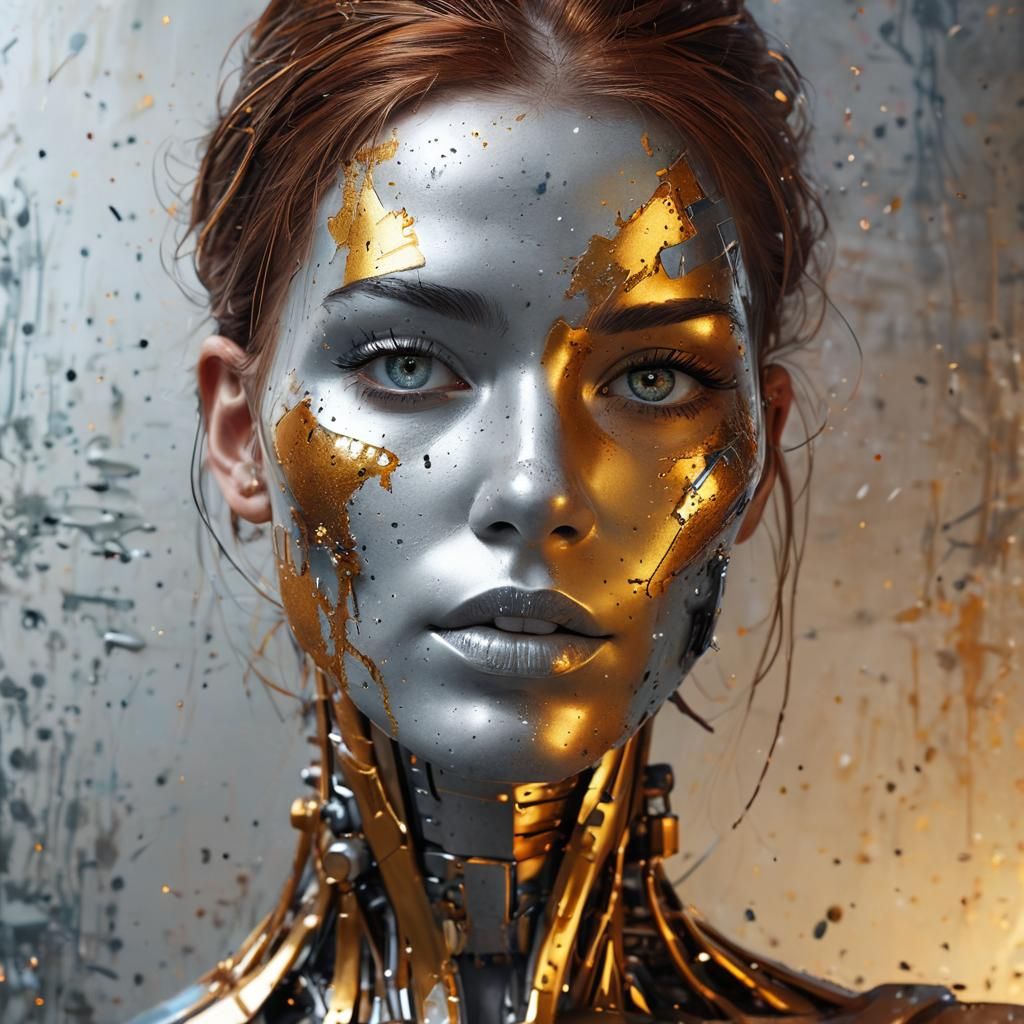 Ink Splatter Cyborg Woman on Gold Background