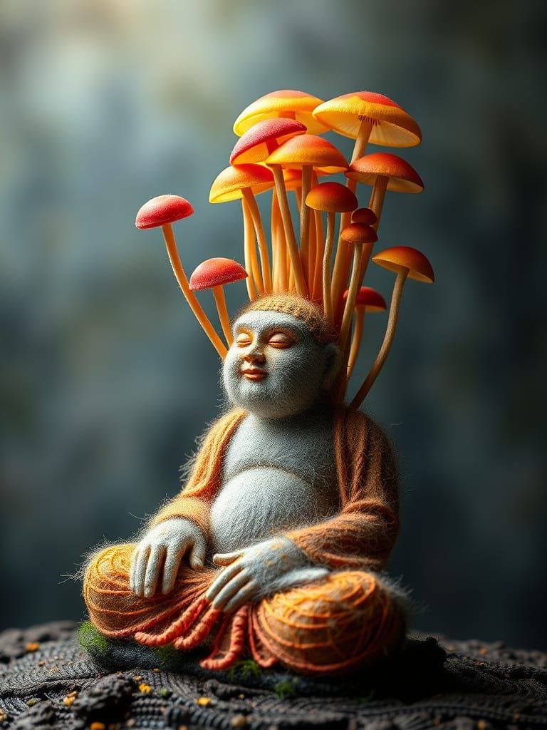 Glowing Buddhist Chia Pet Adorned with Vibrant Mushrooms