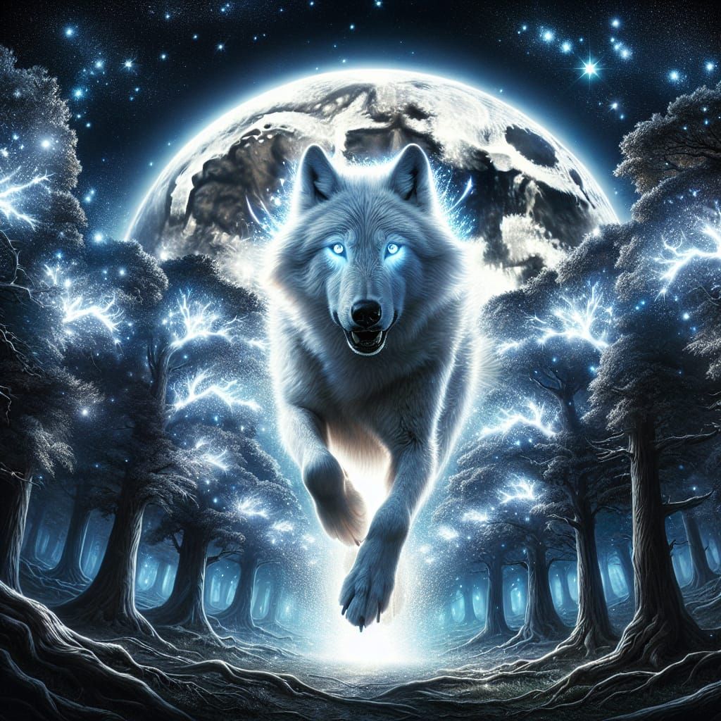 A Majestic Wolf Runs Under the Glowing Full Moon in an Encha...