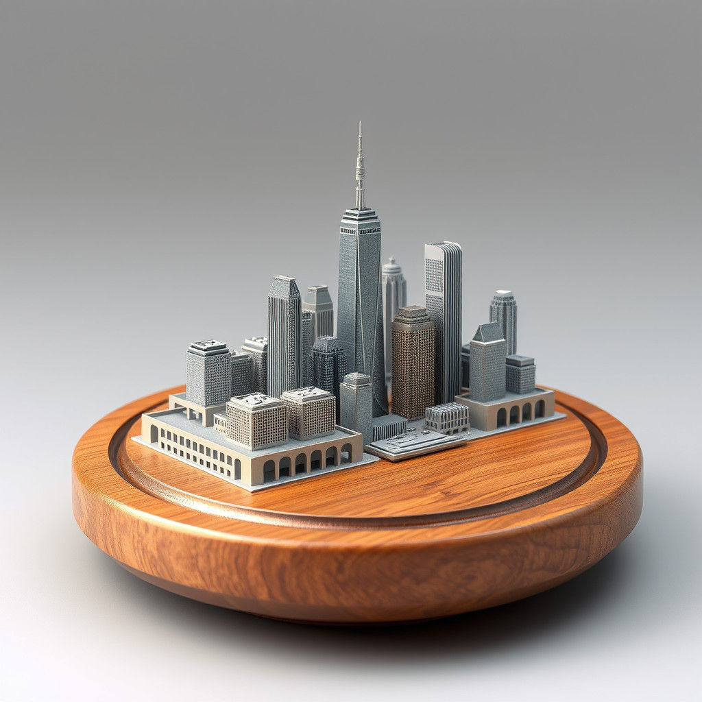 Miniature 3D Skyline on Wooden Plate Sculpture