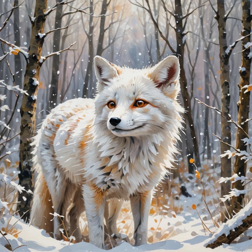 Baby Fox in Snowy Forest: Impressionist Gouache Art