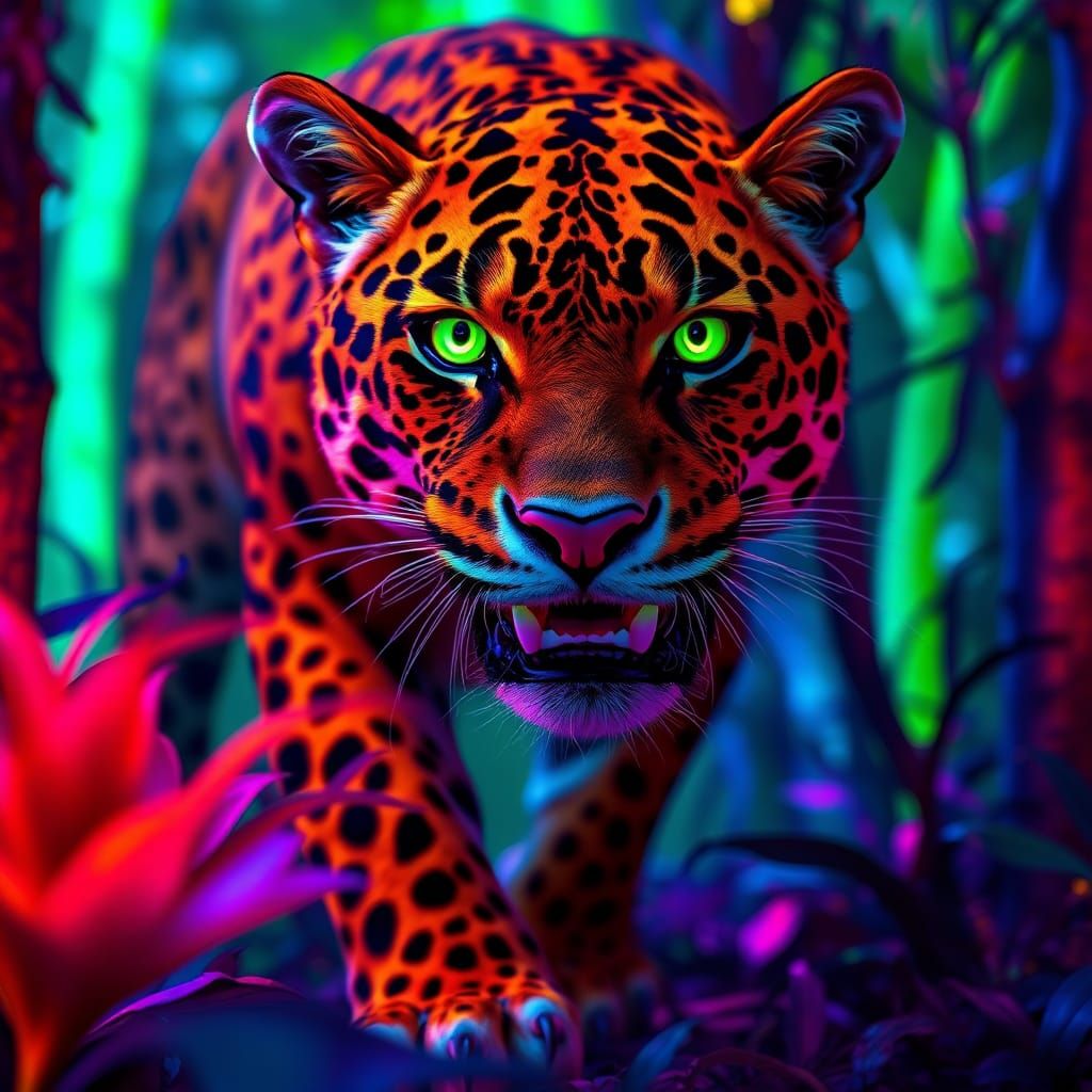 Orange Jaguar in Fluorescent Cyberpunk Forest