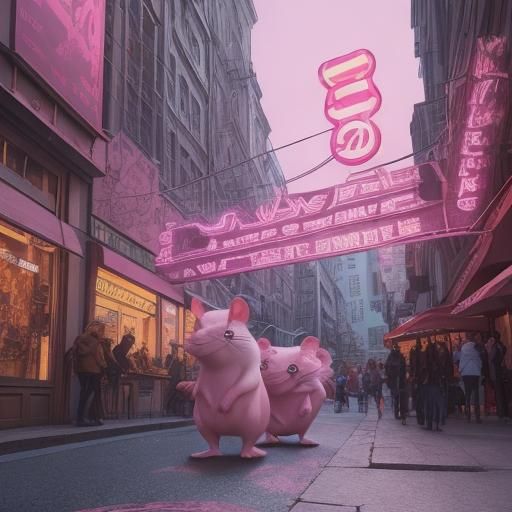 Pink Mice Protest in City Street, Pop Art Style