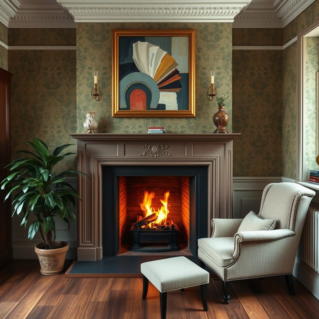 Cozy Victorian Reading Nook by the Fireplace
