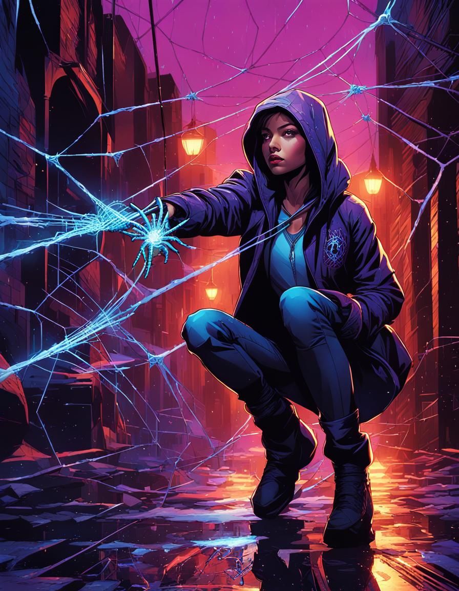 Spider Girl Powers in Dark City Alley Comic Art