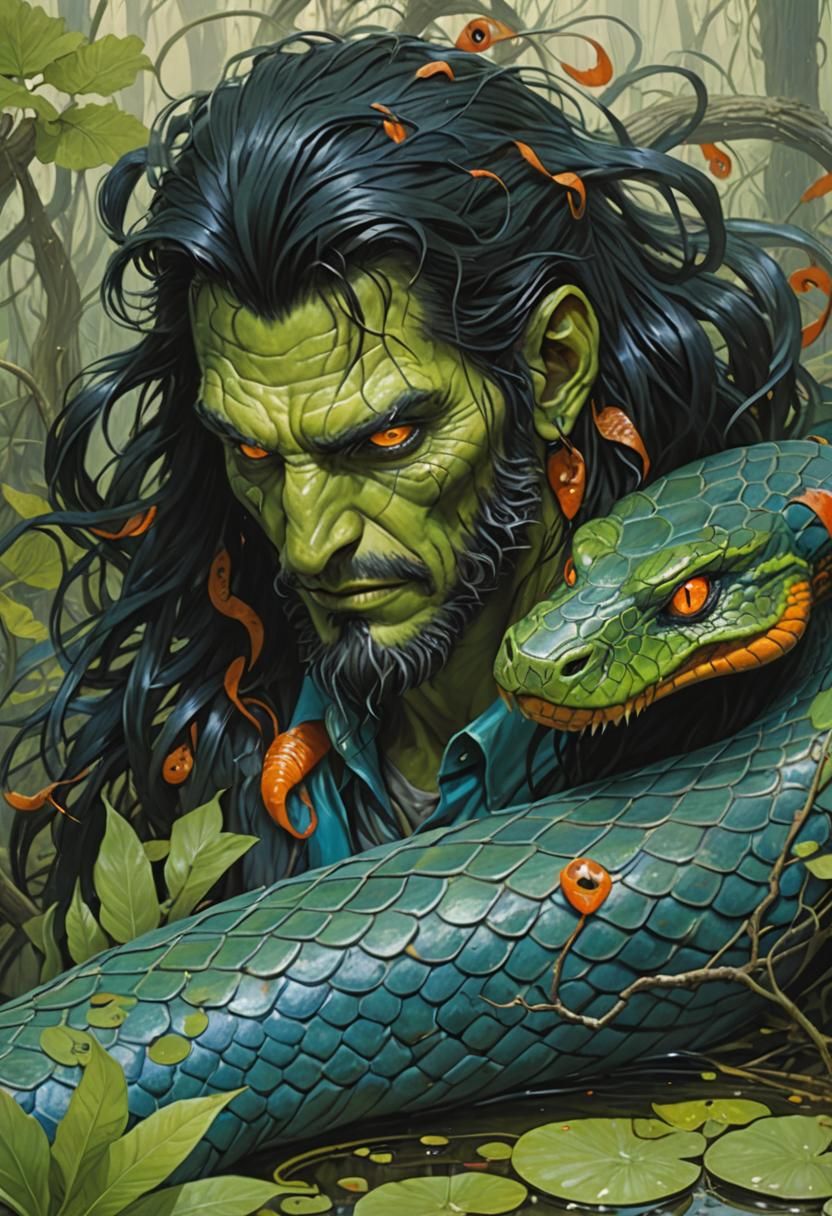 Anthropomorphic Snake Man in Swamp, Sinister Art